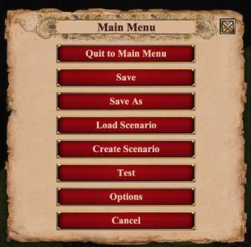 scenario editor menu: test current scenario from Age of Empires 2 Definitive Edition UI screenshot (English), thumbnail - open to see full size