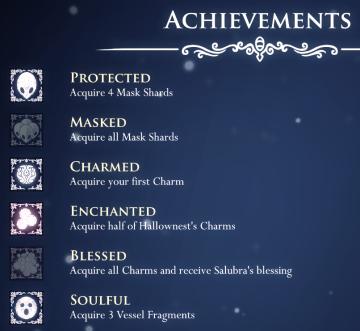 achievements from Hollow Knight UI screenshot (English), thumbnail - open to see full size