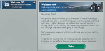 claim welcome gift from Viking Rise UI screenshot (English), thumbnail - open to see full size