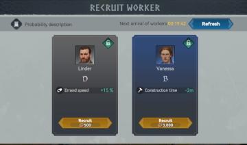 recruit a worker or wait for next arrival of workers from Viking Rise UI screenshot (English), thumbnail - open to see full size