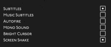 accessibility settings (subtitles, autofire, mono sound..) from Hades II Early Access UI screenshot (English), thumbnail - open to see full size
