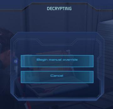 decrypt computer console? begin manual override or cancel from Mass Effect 1 UI screenshot (English), thumbnail - open to see full size