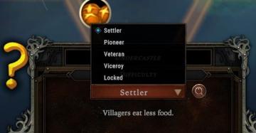 difficulty settings: settler, pioneer, veteran, viceroy and locked option from Against the Storm UI screenshot (English), thumbnail - open to see full size