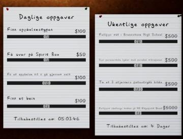 daglige oppgaver, ukentlige oppgaver, tilbakestilles am 4 dager from Phasmophobia UI screenshot (Norwegian), thumbnail - open to see full size