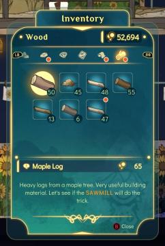 inventory, types of wood from Spiritfarer: Farewell Edition UI screenshot (English), thumbnail - open to see full size