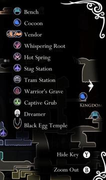 hollow knight map keys, hide keys, vendors or hot spring locations from Hollow Knight UI screenshot (English), thumbnail - open to see full size