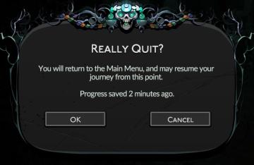 really quit? progress last saved 2 minutes ago dialog from Hades II Early Access UI screenshot (English), thumbnail - open to see full size