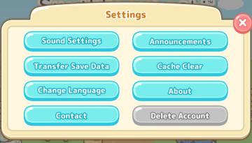 settings dialog (sound, language, about app, contact, delete account) from Sumikko Farm UI screenshot (English), thumbnail - open to see full size