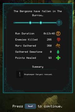 the bergsons have fallen, mission failed from Children of Morta UI screenshot (English), thumbnail - open to see full size