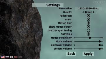 settings: display, sound and controls (mouse sensitivity etc) from Getting Over It with Bennett Foddy UI screenshot (English), thumbnail - open to see full size