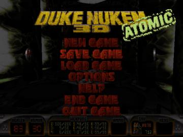 main menu (save game, load game, settings, exit..) from Duke Nukem 3D Atomic Edition UI screenshot (English), thumbnail - open to see full size