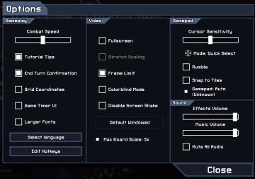 settings screen from Into the Breach UI screenshot (English), thumbnail - open to see full size