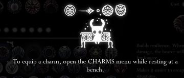 you must be resting on a bench to equip a charm from Hollow Knight UI screenshot (English), thumbnail - open to see full size