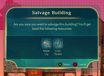 salvage building and reclaim materials dialog from Spiritfarer: Farewell Edition UI screenshot (English), thumbnail - open to see full size