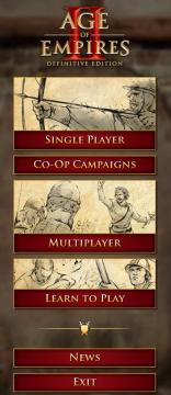 main menu: single player campaigns, multiplayer, learn to play from Age of Empires 2 Definitive Edition UI screenshot (English), thumbnail - open to see full size