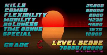 level score - kills, combo, mobility, time bonus, resulting grade from Hotline Miami 2 UI screenshot (English), thumbnail - open to see full size