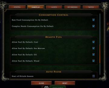 hearth fuel and food consumption control, game settings from Against the Storm UI screenshot (English), thumbnail - open to see full size