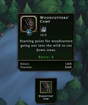 0 woodcutter's camps built, select or preview building from Against the Storm UI screenshot (English), thumbnail - open to see full size