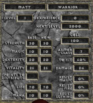 new game warrior stats from Diablo I UI screenshot (English), thumbnail - open to see full size