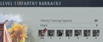 level 1 infantry barracks: queue capacity and might from Viking Rise UI screenshot (English), thumbnail - open to see full size