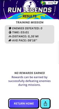 mission results, enemies defeated: 0, no rewards earned from Run Legends UI screenshot (English), thumbnail - open to see full size