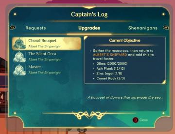 captain's log - upgrades section from Spiritfarer: Farewell Edition UI screenshot (English), thumbnail - open to see full size