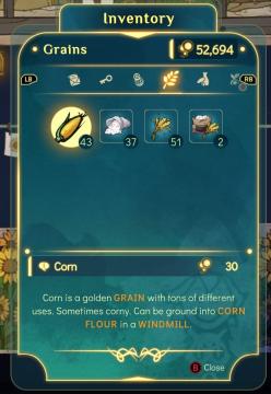 inventory, types of grain, corn from Spiritfarer: Farewell Edition UI screenshot (English), thumbnail - open to see full size