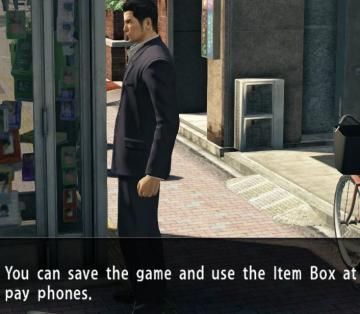 you can save the game and use item box at pay phones from Yakuza 0 UI screenshot (English), thumbnail - open to see full size