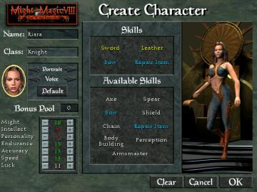 starting new game, creating a knight character from Might and Magic 8: Day of the Destroyer UI screenshot (English), thumbnail - open to see full size