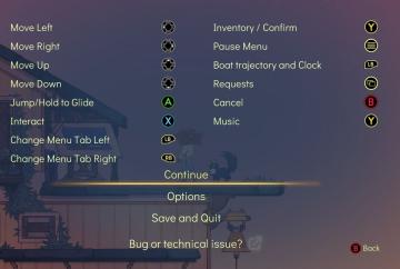 in-game menu, gamepad controls, jump, glide, interact, open from Spiritfarer: Farewell Edition UI screenshot (English), thumbnail - open to see full size