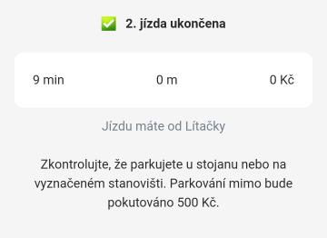 druhá jízda ukončena, jízdu máte od lítačky, zkontrolujte kde parkujete from Rekola UI screenshot (Czech), thumbnail - open to see full size