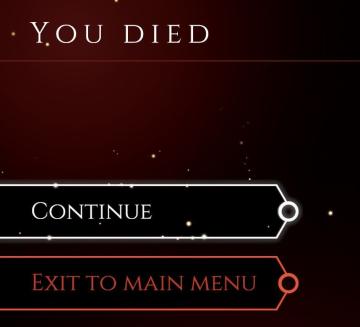 you died: continue or exit to main menu from Mages of Mystralia UI screenshot (English), thumbnail - open to see full size