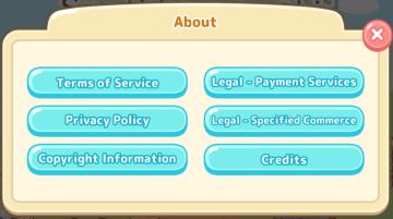 about app: terms of service, privacy policy, copyright information from Sumikko Farm UI screenshot (English), thumbnail - open to see full size