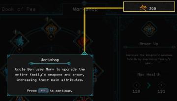 spend Morv to upgrade equipment from Children of Morta UI screenshot (English), thumbnail - open to see full size