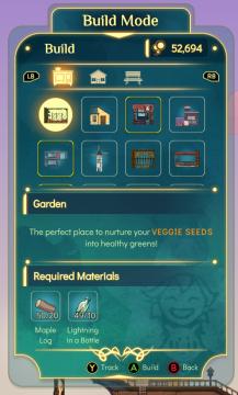 build mode, construct a garden, track required materials from Spiritfarer: Farewell Edition UI screenshot (English), thumbnail - open to see full size