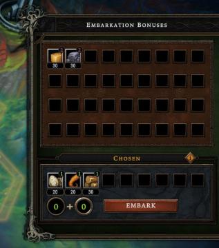 chosen embarkation bonuses, embark button from Against the Storm UI screenshot (English), thumbnail - open to see full size