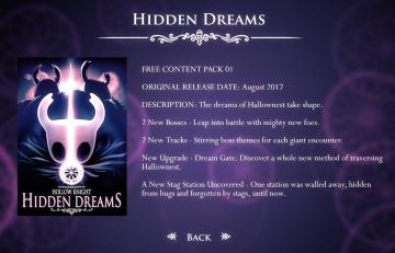 hidden dreams free content pack, description from Hollow Knight UI screenshot (English), thumbnail - open to see full size