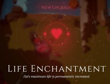 new upgrade: life enchantment, zia's maximum life is permanently increased from Mages of Mystralia UI screenshot (English), thumbnail - open to see full size