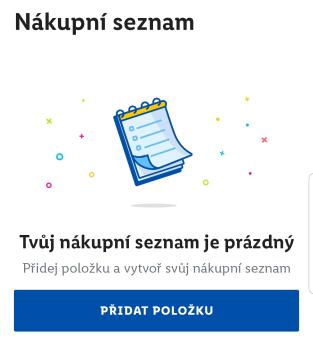 kupónová aplikace nákupní seznam je prázdný přidat položku from Lidl Plus UI screenshot (Czech), thumbnail - open to see full size