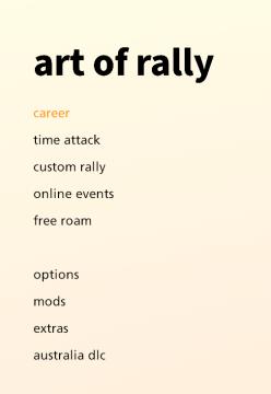 main menu racegame from art of rally UI screenshot (English), thumbnail - open to see full size