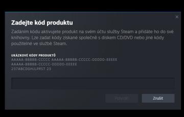 Zadejte kód produktu from Steam UI screenshot (Czech), thumbnail - open to see full size