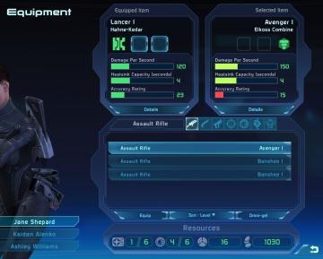 equiped item, selected item, resources from Mass Effect 1 UI screenshot (English), thumbnail - open to see full size