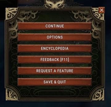 in-game menu, request a feature, encyclopedia from Against the Storm UI screenshot (English), thumbnail - open to see full size