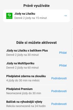 právě využíváte, jízdy na lítačku, jízdy na multisportku, předplatné from Rekola UI screenshot (Czech), thumbnail - open to see full size