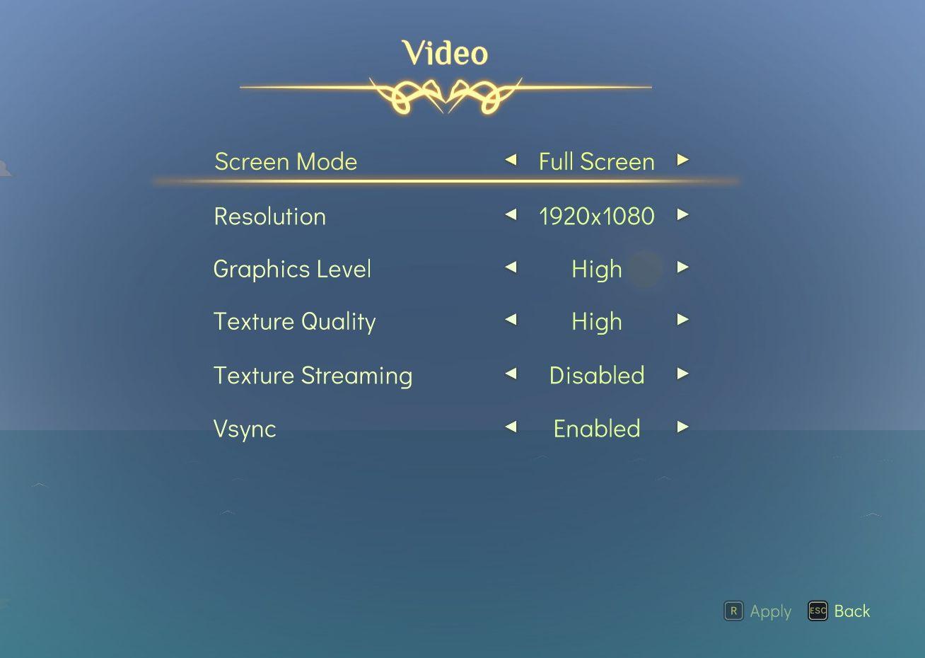 video settings, apply or go back from Spiritfarer: Farewell Edition UI screenshot (English)