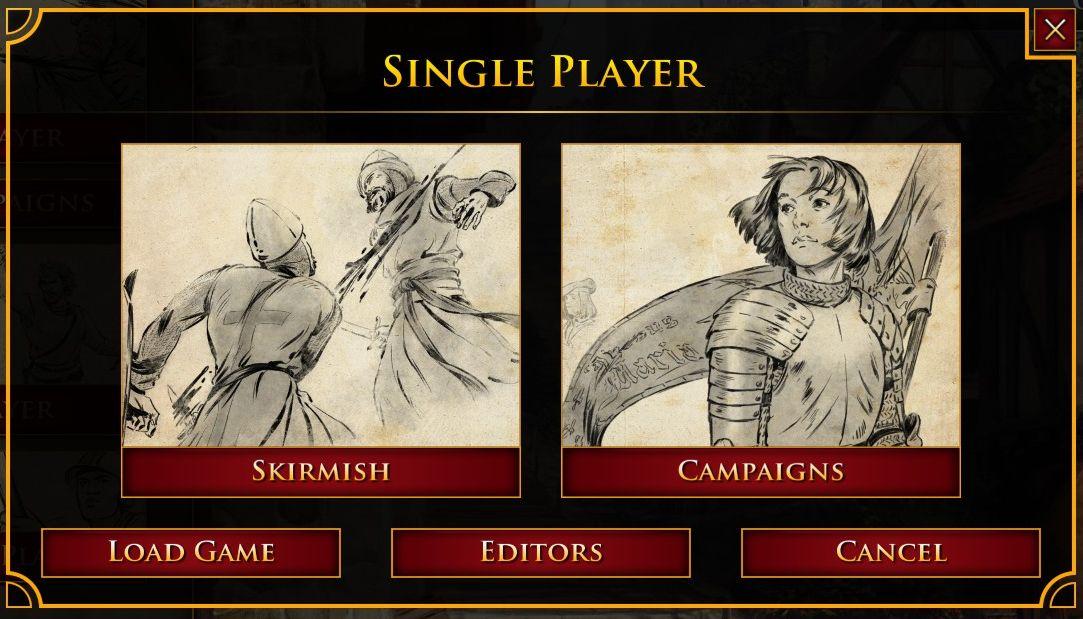 single player: play campaign or play a random skirmish match from Age of Empires 2 Definitive Edition UI screenshot (English)