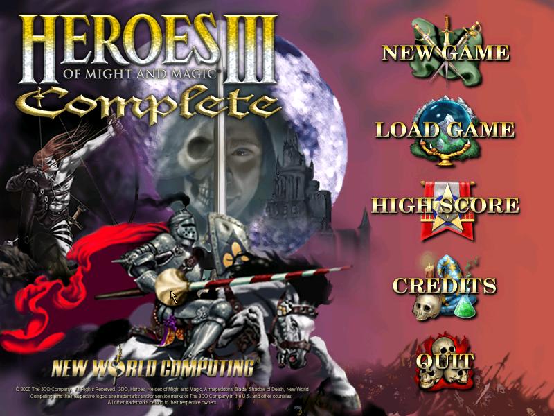 main menu from Heroes of Might and Magic 3: Complete UI screenshot (English)