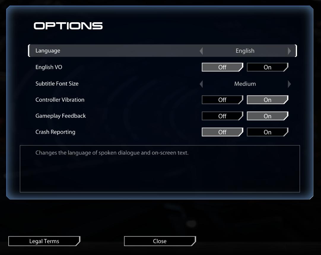 launcher options (language, subtitles, language,...) from Mass Effect Legendary Edition UI screenshot (English)