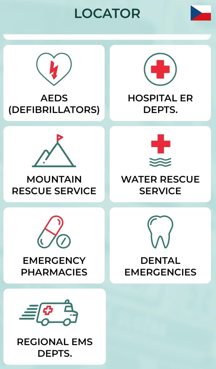locator, nearest hospitals, emergency contacts from Zachranka UI screenshot (English)
