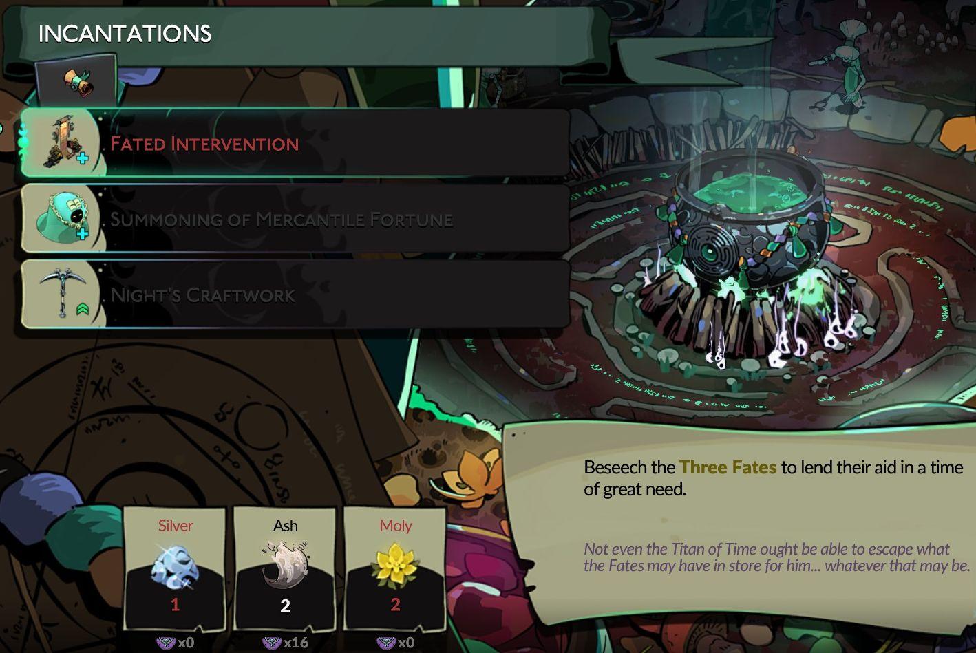 incantations (concoct an incantation) screen, unlock game features from Hades II Early Access UI screenshot (English)